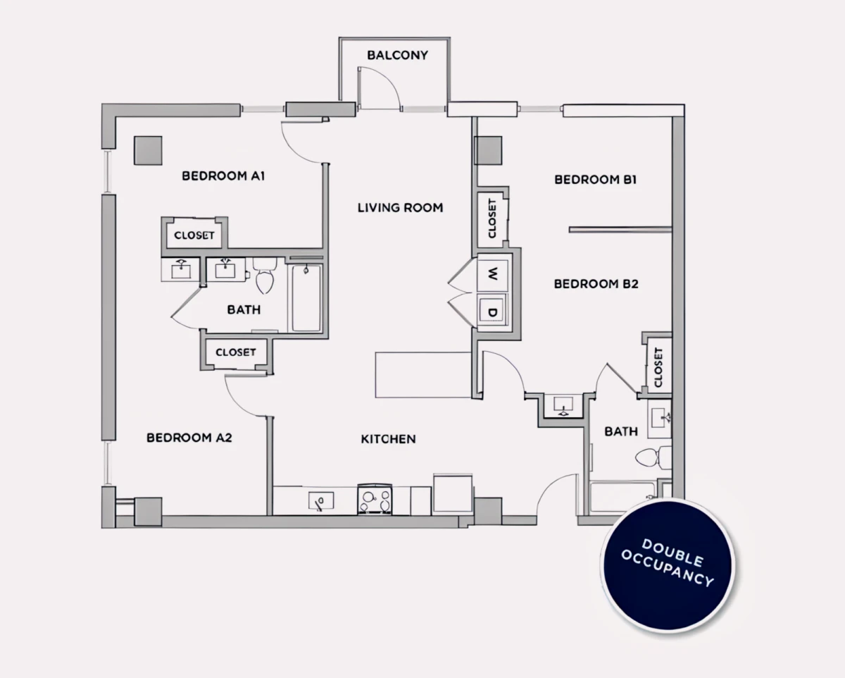 2 Bed 2 Bath B1 Shared Bathroom